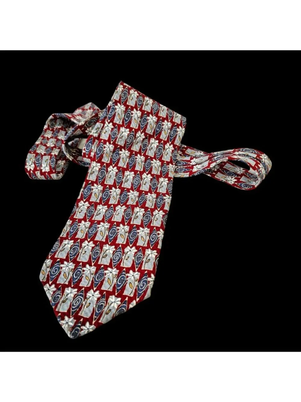 Vintage Structure 100% Silk Tie Red Blue White Daisy Floral Wide 3.75